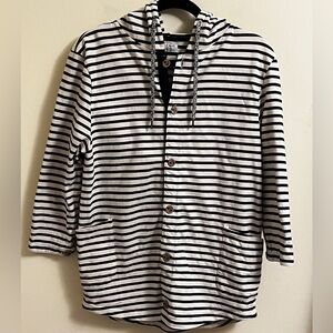 Zara Dark Navy White Striped Hoodie 3/4 Sleeve Anchor Buttons Nautical Medium